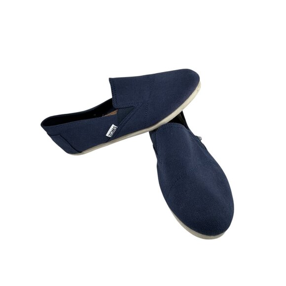 TOMS Shoes Womens Sz 7 Slip Ons Navy Blue Canvas Boho Chic Casual Party Normcore - Picture 1 of 7